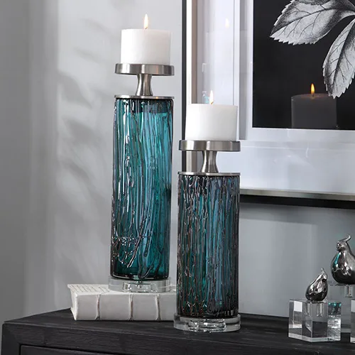 Achieve Cohesive Color Flow With 5 Key Traits Prosper Decor Store Uttermost Almanzora Teal Glass Candleholders