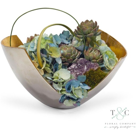 Blue Hydrangea in Mixed Metal Scoop with Amethyst - 10L X 11W X 15H Floral Arrangement