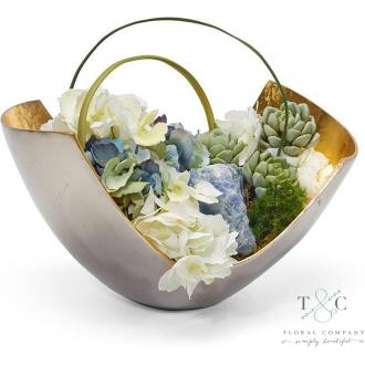 Blue and White Hydrangea in Mixed Metal Scoop with Blue Calcite - 10L X 11W X 15H Floral Arrangement