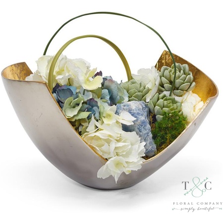 Blue and White Hydrangea in Mixed Metal Scoop with Blue Calcite - 10L X 11W X 15H Floral Arrangement