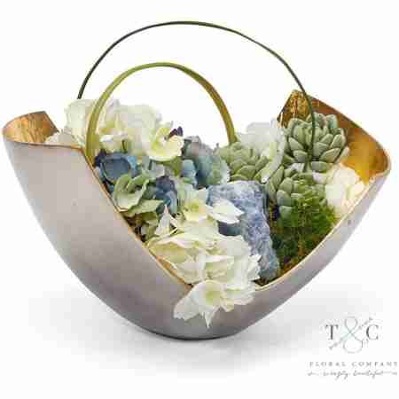 Blue and White Hydrangea in Mixed Metal Scoop with Blue Calcite - 10L X 11W X 15H Floral Arrangement