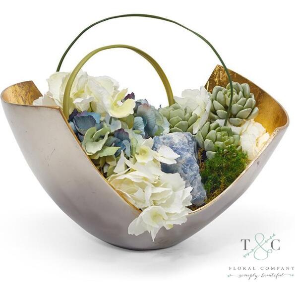 Blue And White Hydrangea In Mixed Metal Scoop With Blue Calcite - 10L X 11W X 15H Floral Arrangement