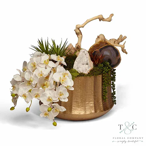 Budget-Friendly Living Room Updates Euless Decor Store Draped Orchids In Gold Embellished Container With Quartz