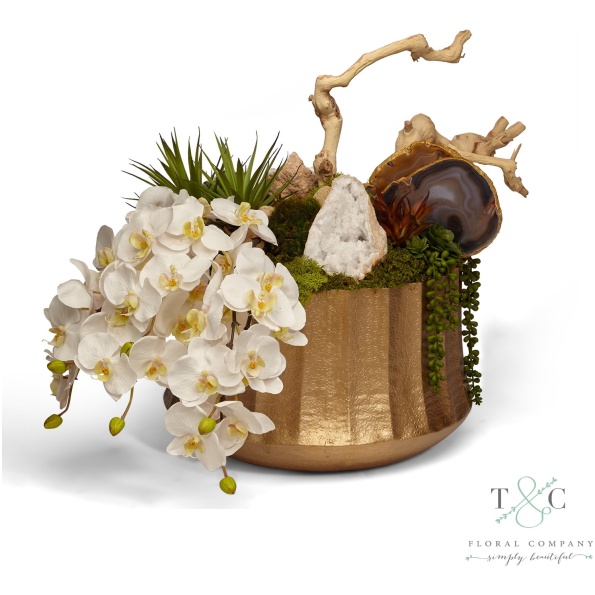 Draped Orchids In Gold Embellished Container With Quartz - 27L X 18W X 21H Floral Arrangement