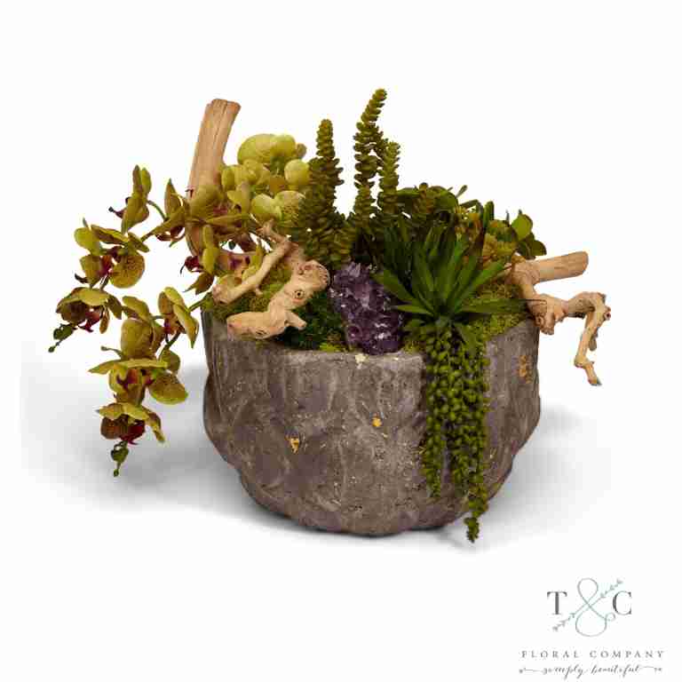 Draped Orchids in Gilded Leaf Motif Container - 24L x 18W x 14H Floral Arrangement