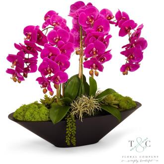 Fuchsia Orchid in Large Metal Boat - 26L x 11W x 24H Floral Arrangement