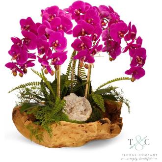 Fuchsia Orchid and Geode in Wood Bowl - 20L x 15W x 16H Floral Arrangement
