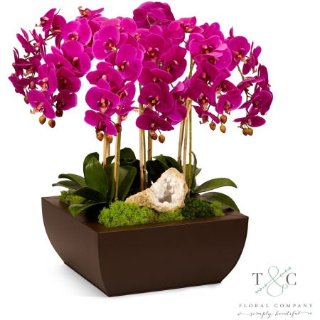 Fuchsia Orchid and Geode in Large Metal Box - 21L x 21W x 29H Floral Arrangement