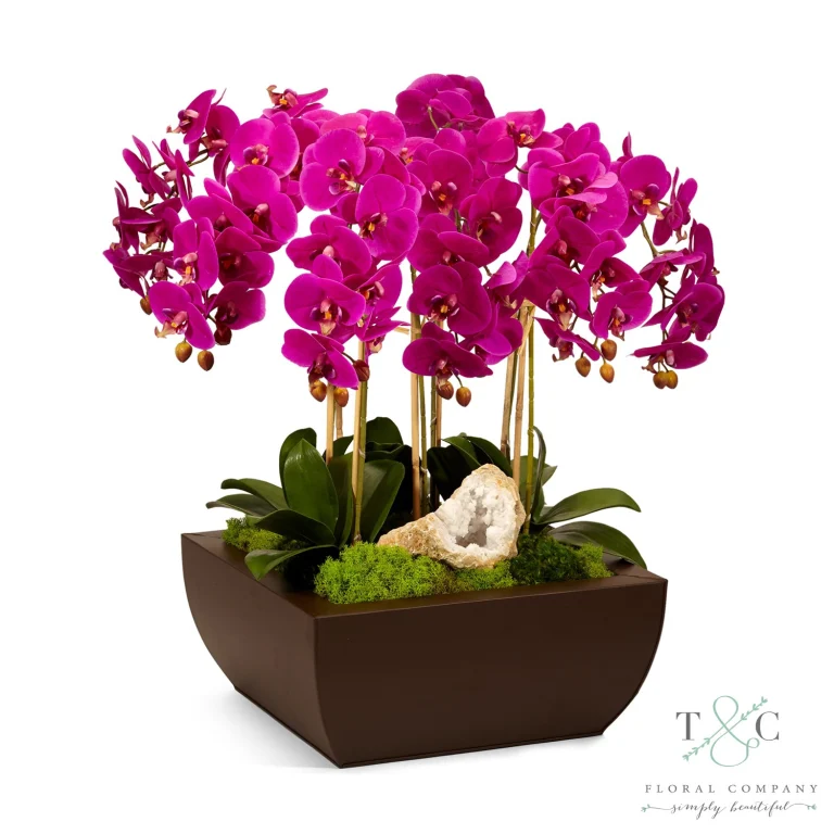 Fuchsia Orchid and Geode in Large Metal Box - 21L x 21W x 29H Floral Arrangement