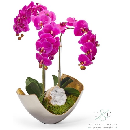 Fuchsia Orchids in Two-toned Metal Bowl with Quartz - 23L X 15W X 15H Floral Arrangement