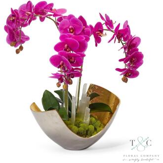 Fuchsia Orchids in Two-toned Metal Bowl with Selenite - 23L X 15W X 15H Floral Arrangement