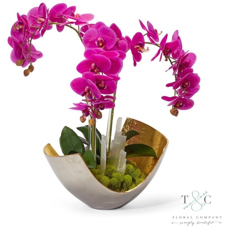 Fuchsia Orchids in Two-toned Metal Bowl with Selenite - 23L X 15W X 15H Floral Arrangement