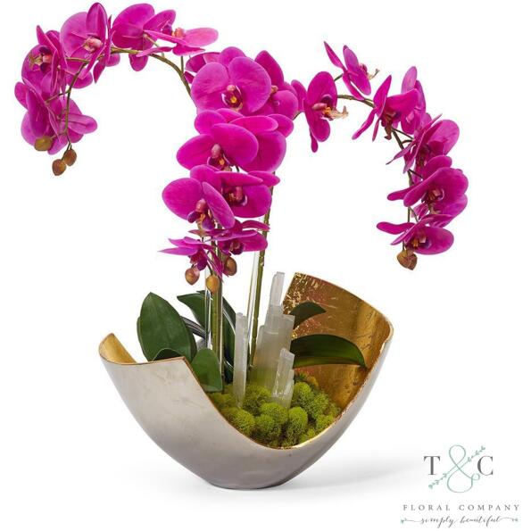 Fuchsia Orchids in Two-toned Metal Bowl with Selenite - 23L X 15W X 15H Floral Arrangement