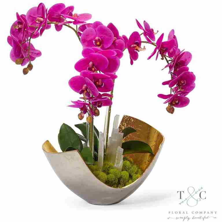 Fuchsia Orchids in Two-toned Metal Bowl with Selenite - 23L X 15W X 15H Floral Arrangement