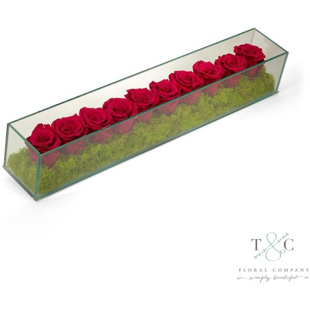 Fuchsia Preserved Roses in Rectangle Glass - 24L x 4W x 4L Floral Arrangement
