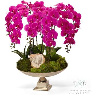 Fuchsia Orchid and Moroccan Geode in Large Silver Urn - 20H x 20W x 30H Floral Arrangement
