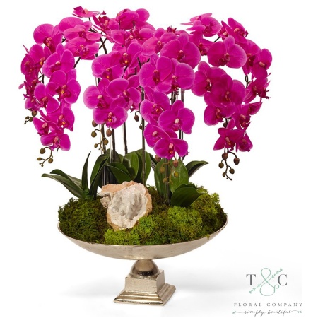 Fuchsia Orchid and Moroccan Geode in Large Silver Urn - 20H x 20W x 30H Floral Arrangement