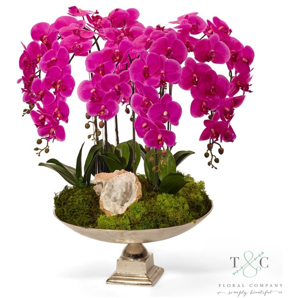 Fuchsia Orchid And Moroccan Geode In Large Silver Urn - 20H X 20W X 30H Floral Arrangement