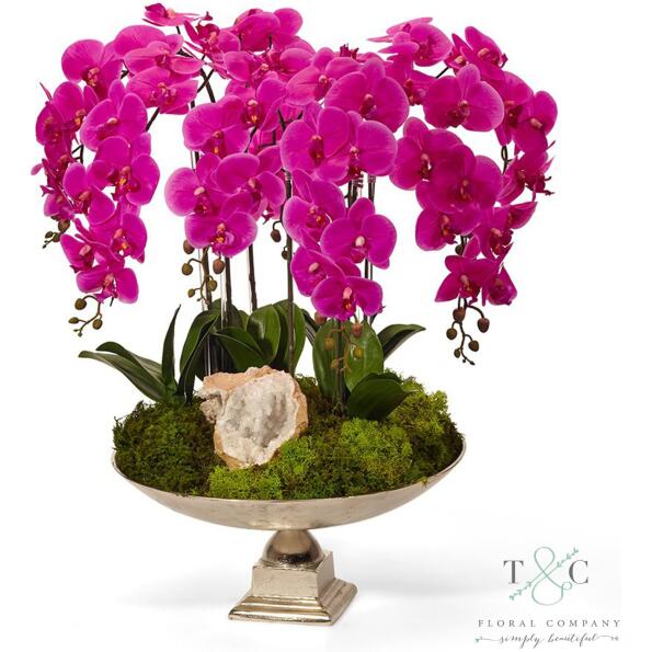 Fuchsia Orchid and Moroccan Geode in Large Silver Urn - 20H x 20W x 30H Floral Arrangement