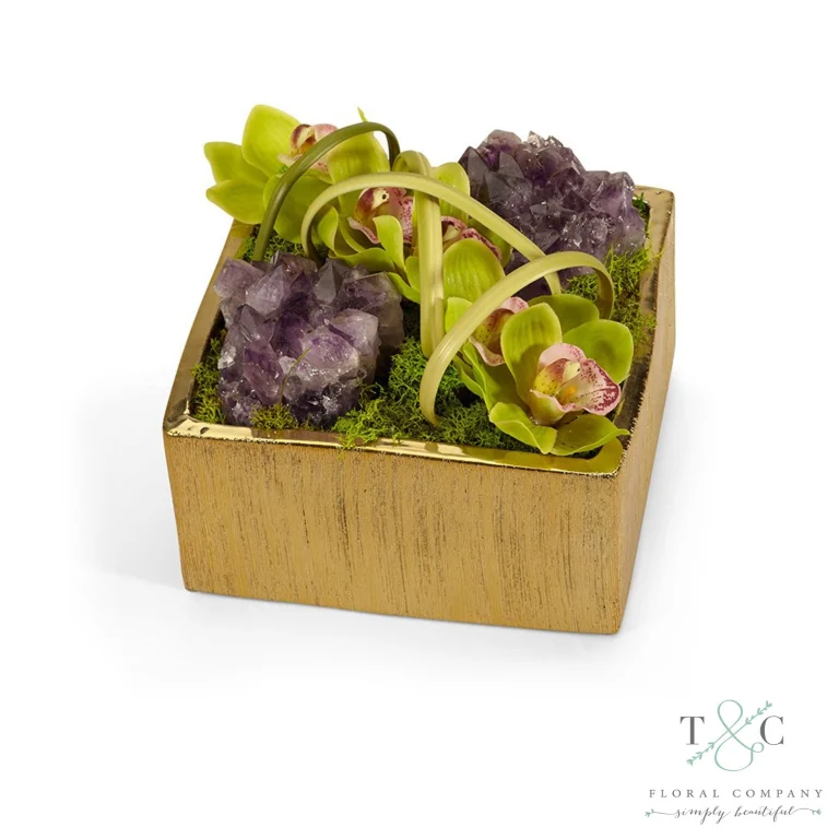 Green Orchid with Amethyst Table Top in Gold Square - 8L x 8W x 8H Floral Arrangement