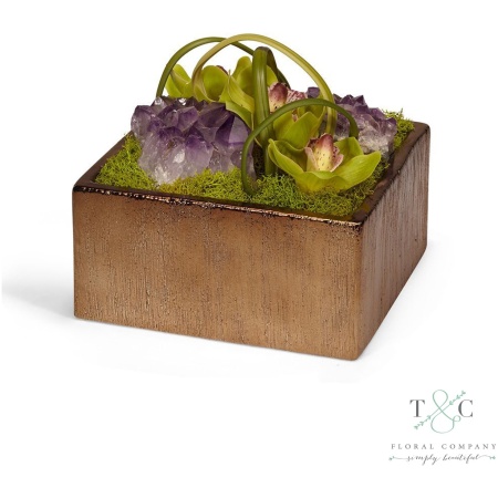 Green Orchids with Amethyst Table Top in Bronze Square - 8L x 8W x 8H Floral Arrangement