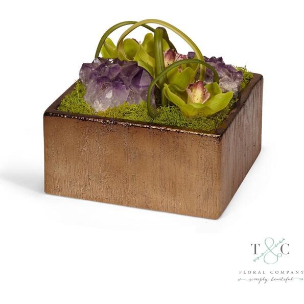 Green Orchids With Amethyst Table Top In Bronze Square - 8L X 8W X 8H Floral Arrangement