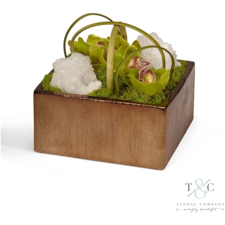 Green Orchids with Quartz Table Top in Bronze Square - 8L x 8W x 8H Floral Arrangement