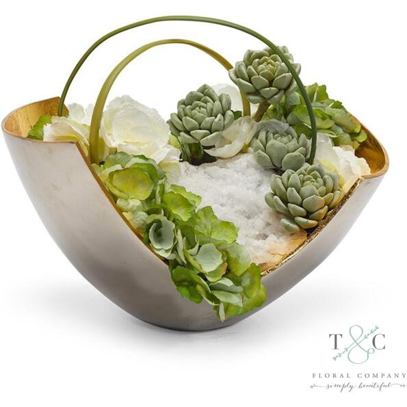 Green Hydrangea in Mixed Metal Scoop with Moroccan Geode - 10L X 11W X 15H Floral Arrangement