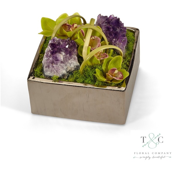 Green Orchid With Amethyst Table Top In Silver Square - 8L X 8W X 8H Floral Arrangement