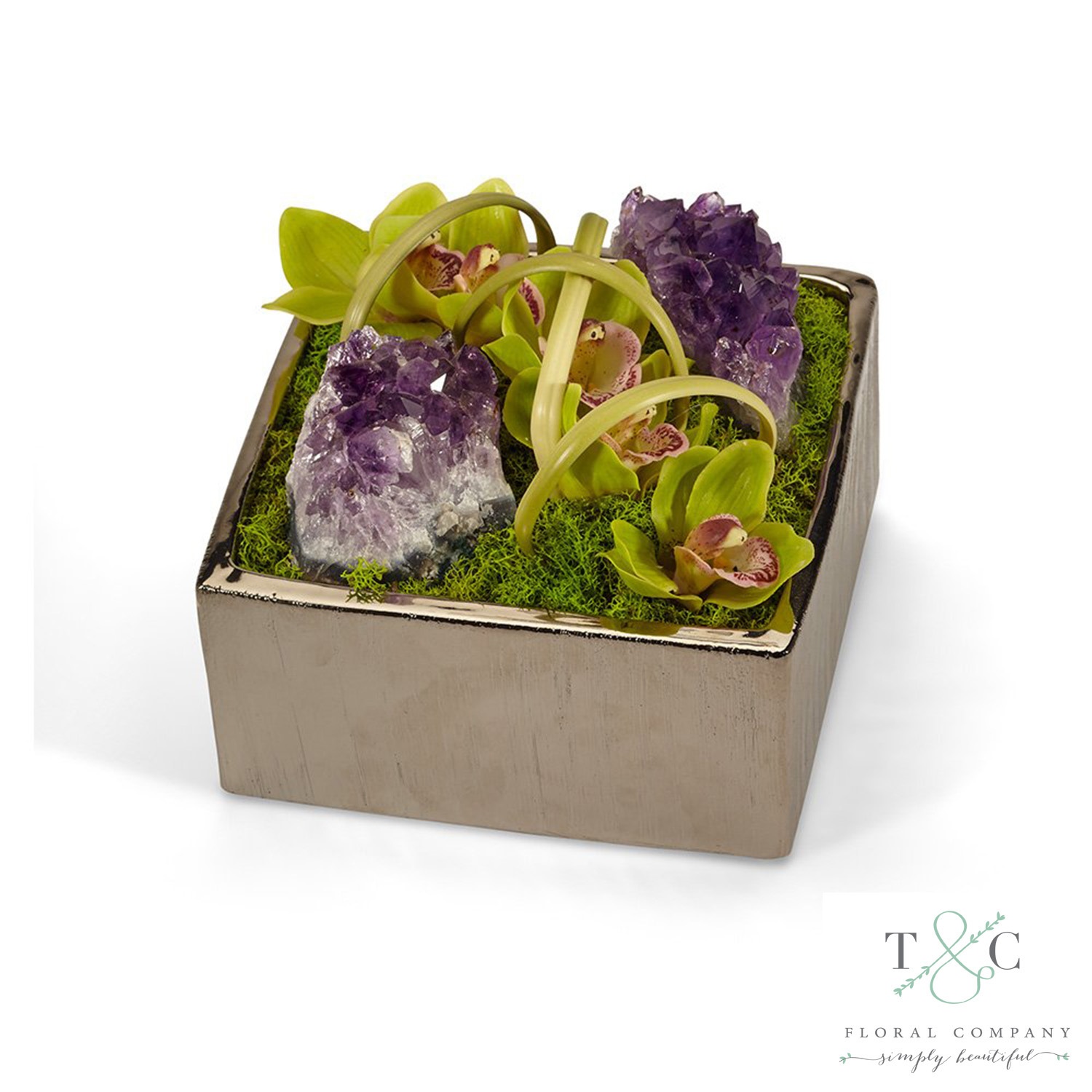 Green Orchid with Amethyst Table Top in Silver Square - 8L x 8W x 8H Floral Arrangement