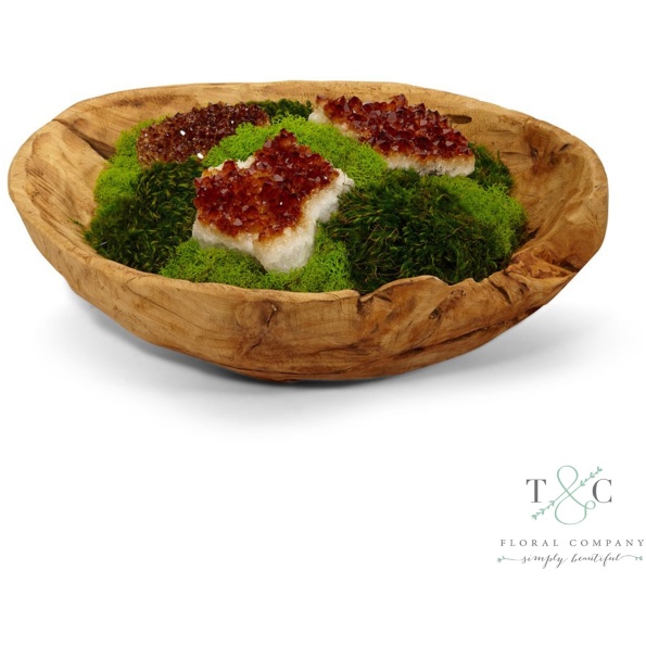 Moss Garden And Citrine In Hand Carved Wood Bowl - 15L X 15W X 8H Floral Arrangement