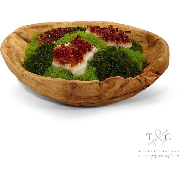 Moss Garden and Citrine in Hand Carved Wood Bowl - 15L x 15W x 8H Floral Arrangement