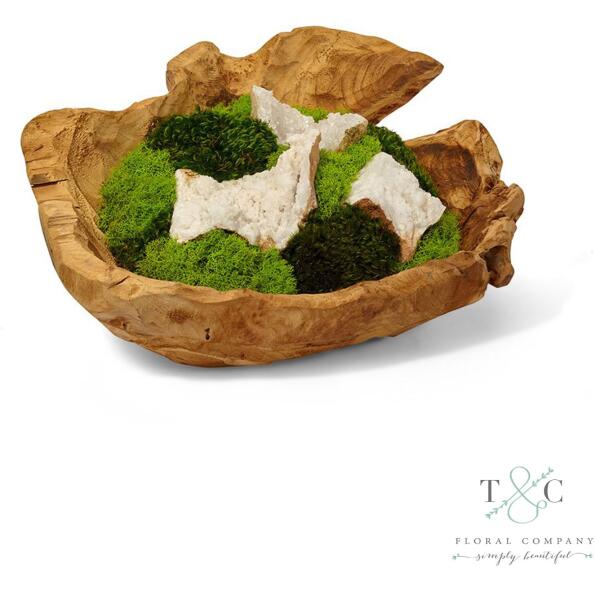 Moss Garden and Quartz in Hand Carved Wood Bowl - 15L x 15W x 8H Floral Arrangement