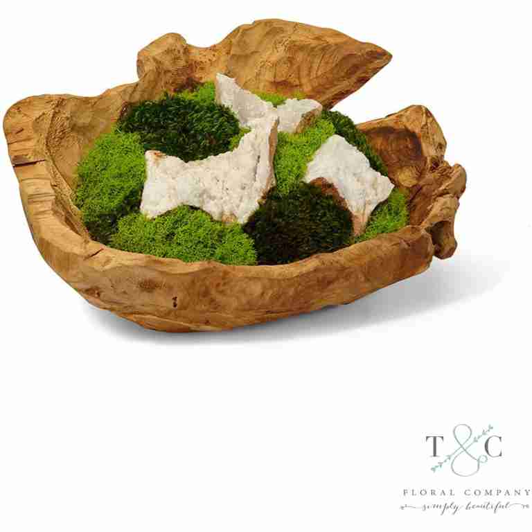 Moss Garden and Quartz in Hand Carved Wood Bowl - 15L x 15W x 8H Floral Arrangement