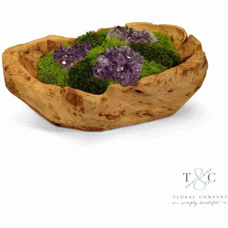 Moss Garden and Amethyst in Hand Carved Wood Bowl - 15L x 15W x 8H Floral Arrangement