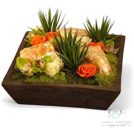 Orange Preserved Roses with Yellow Calcite and Succulent Garden - 15L x 15W x 10H Floral Arrangement