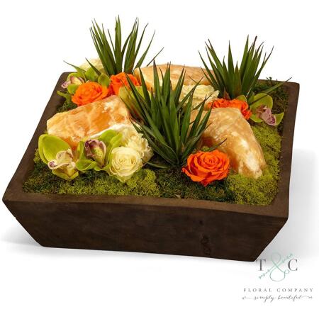 Orange Preserved Roses with Yellow Calcite and Succulent Garden - 15L x 15W x 10H Floral Arrangement