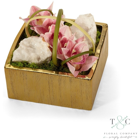 Pink Orchid With Quartz Table Top In Gold Square - 8L X 8W X 8H Floral Arrangement