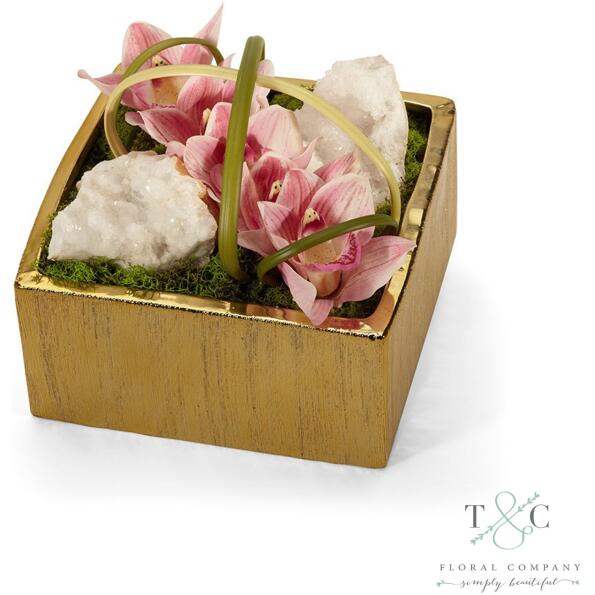 Pink Orchid With Quartz Table Top In Gold Square - 8L X 8W X 8H Floral Arrangement