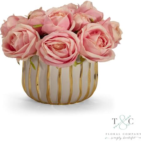 Pink Rose Bouquet in White and Gold Container - 10L x 10W x 11H Floral Arrangement