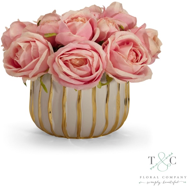 Pink Rose Bouquet In White And Gold Container - 10L X 10W X 11H Floral Arrangement