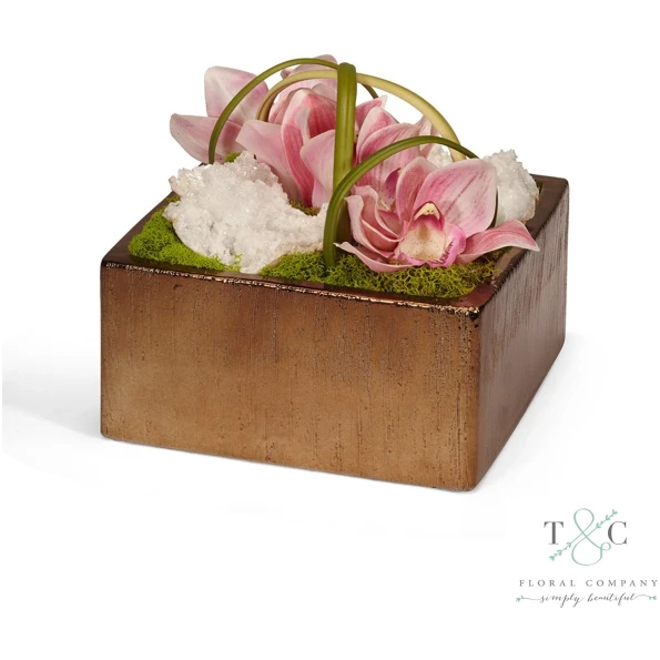 Pink Orchids With Quarzy Table Top In Bronze Square - 8L X 8W X 8H Floral Arrangement