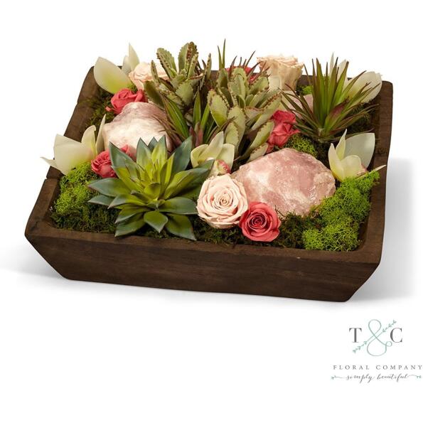 Pink Preserved Roses with Rose Quartz and Succulent Garden - 15L x 15W x 10H Floral Arrangement
