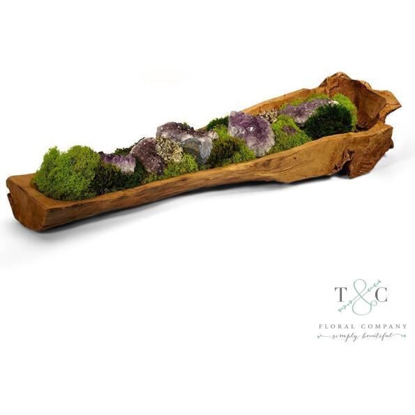Preserved Moss and Amethyst in Wooden Log - 36L x 8W x 11H Floral Arrangement