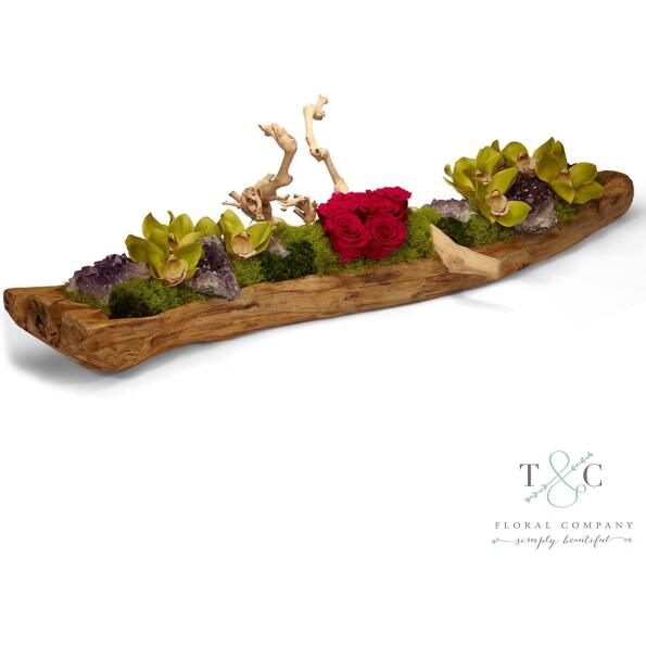 Preserved Fuchsia Rose Garden in Wood Log - 38L x 14W x 9H Floral Arrangement