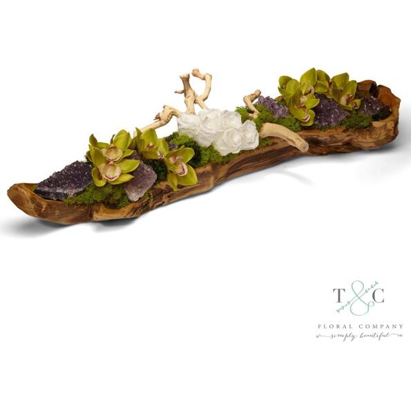 Preserved White Rose Garden in Wood Log - 38L x 14W x 9H Floral Arrangement