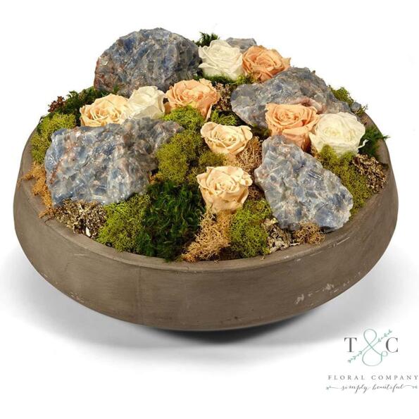 Preserved Orange Roses and Blue Calcite in Large Concrete Bowl - 16L x 16W x 9H Floral Arrangement