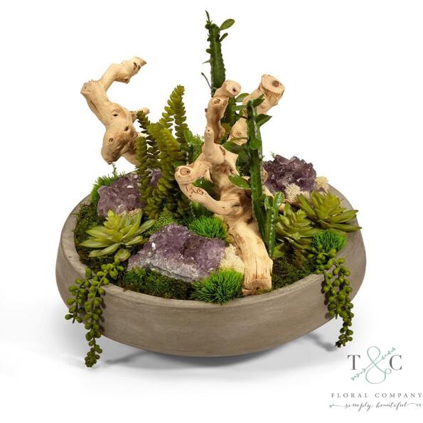 Succulent Garden with Amethyst in Large Concrete Bowl - 20L x 17W x 15H Floral Arrangement