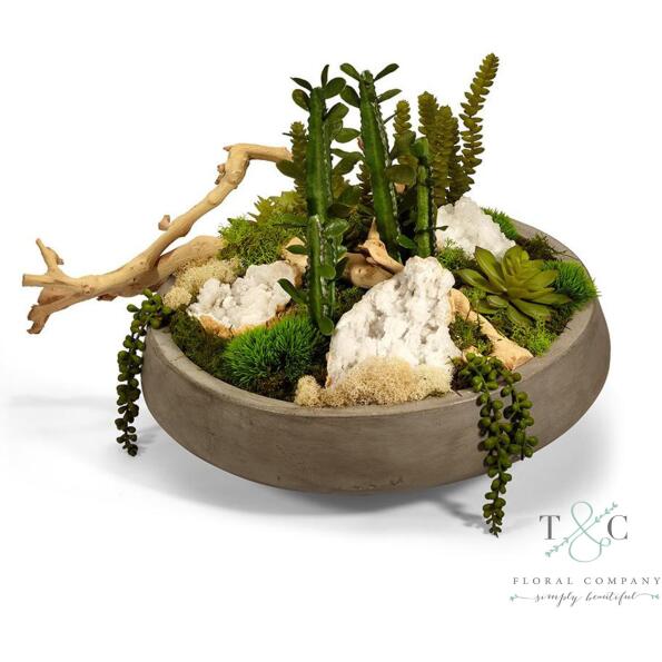 Succulent Garden with Quartz in Large Concrete Bowl - 20L x 17W x 15H Floral Arrangement