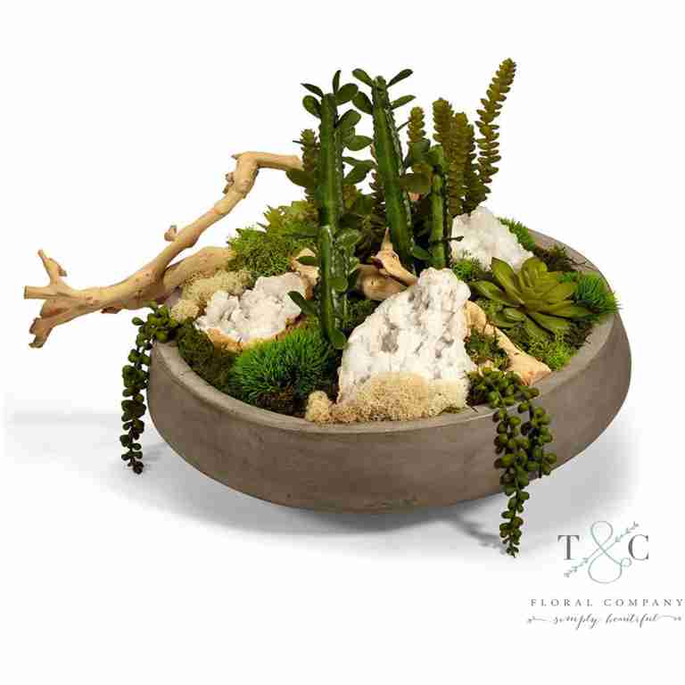 Succulent Garden with Quartz in Large Concrete Bowl - 20L x 17W x 15H Floral Arrangement